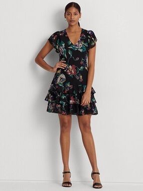 Ralph Lauren Black Floral V-Neck Tiered Mini Dress size 4